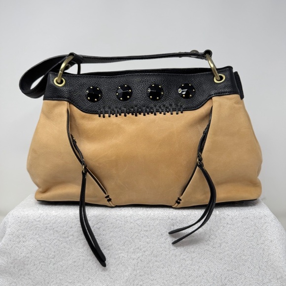 Tre Vero Leather Satchel Tan and Black Women's Handbag - Picture 16 of 16